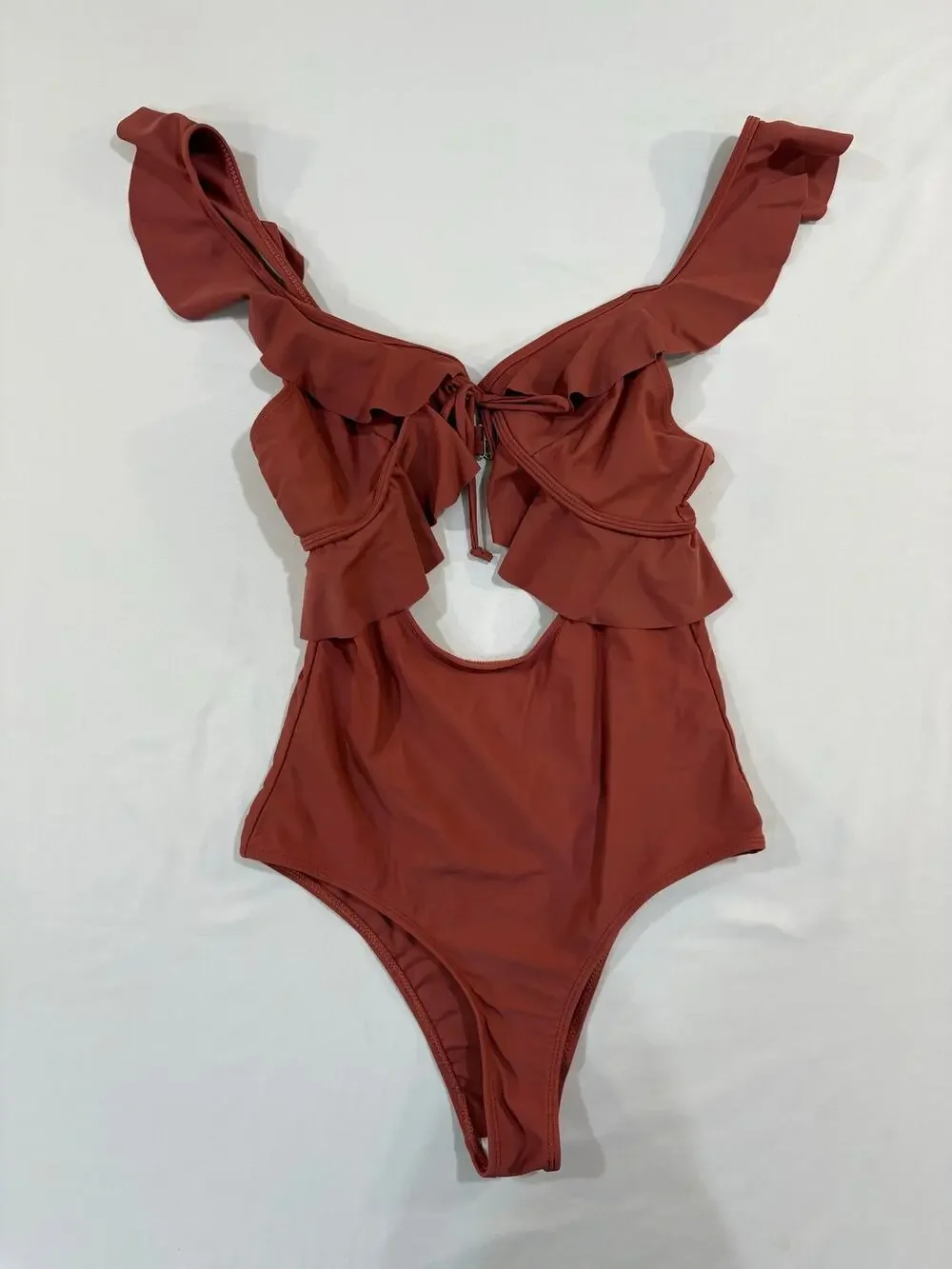 Terra Cotta Ruffled Cut Out High Cut One Piece Swimsuit Size Small